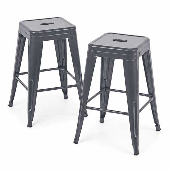 24 Inch Backless Metal Counter Stool Set of 2, Gray, Stackable with Carry Hole and Footrest