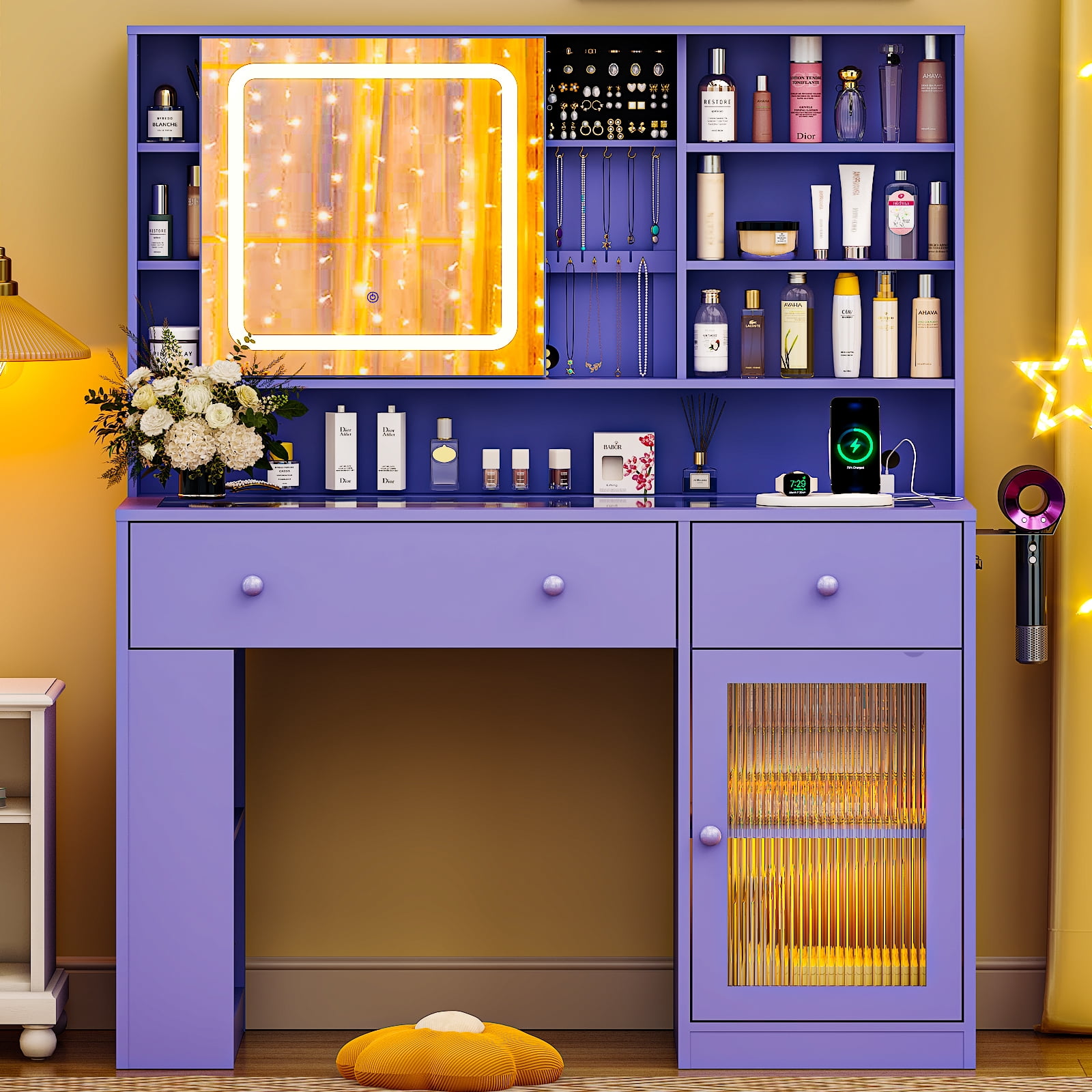 Ktaxon Makeup Vanity with Lighted Mirror,  Vanity Table Set w/ Charging Station, Side Rack, Sophia Purple