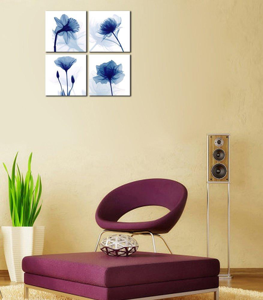 Pyradecor Blue Flickering Flower Modern Abstract Paintings Canvas Wall Art  Gallery Wrapped Grace Floral Pictures on Canvas Prints 4 Panels Artwork for  