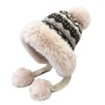 thumbnail image 2 of Lutiedan Winter Sherpa Knit Beanie Hat for Women Ear Flaps Ski Snow Hats with 3 Pom Poms Faux Furs Warm Beanie Hat,Khaki, 2 of 6