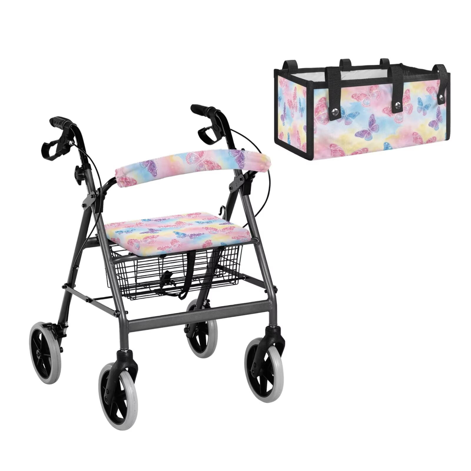 COEQINE Rollator Walker Seat and Backrest Covers with Storage Bag 3 Pieces Set, Universal Washable Rollator Walker Accessories Gifts for Seniors Ladies, Dreamy Pastel Butterfly