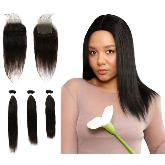 LUXLUXE Women Rico 100% Human Hair Bundle Free Part 4X4 Hand Tied Swiss Lace Closure