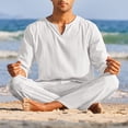 thumbnail image 4 of Aunavey Men's 2 Pieces Cotton Linen Set Henley Shirt Long Sleeve and Casual Beach Pants Summer Yoga Outfits, 4 of 7