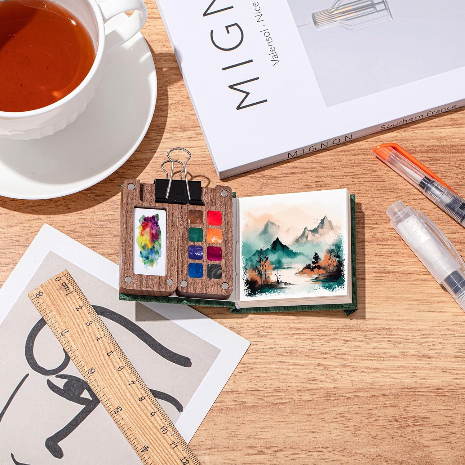 Mini Portable Watercolor Set Wooden Grid Paint Box Watercolor Paper Sketch Book Brush Pens with Binder Clip for Painters Artist Not Include Paint(Pine Green)