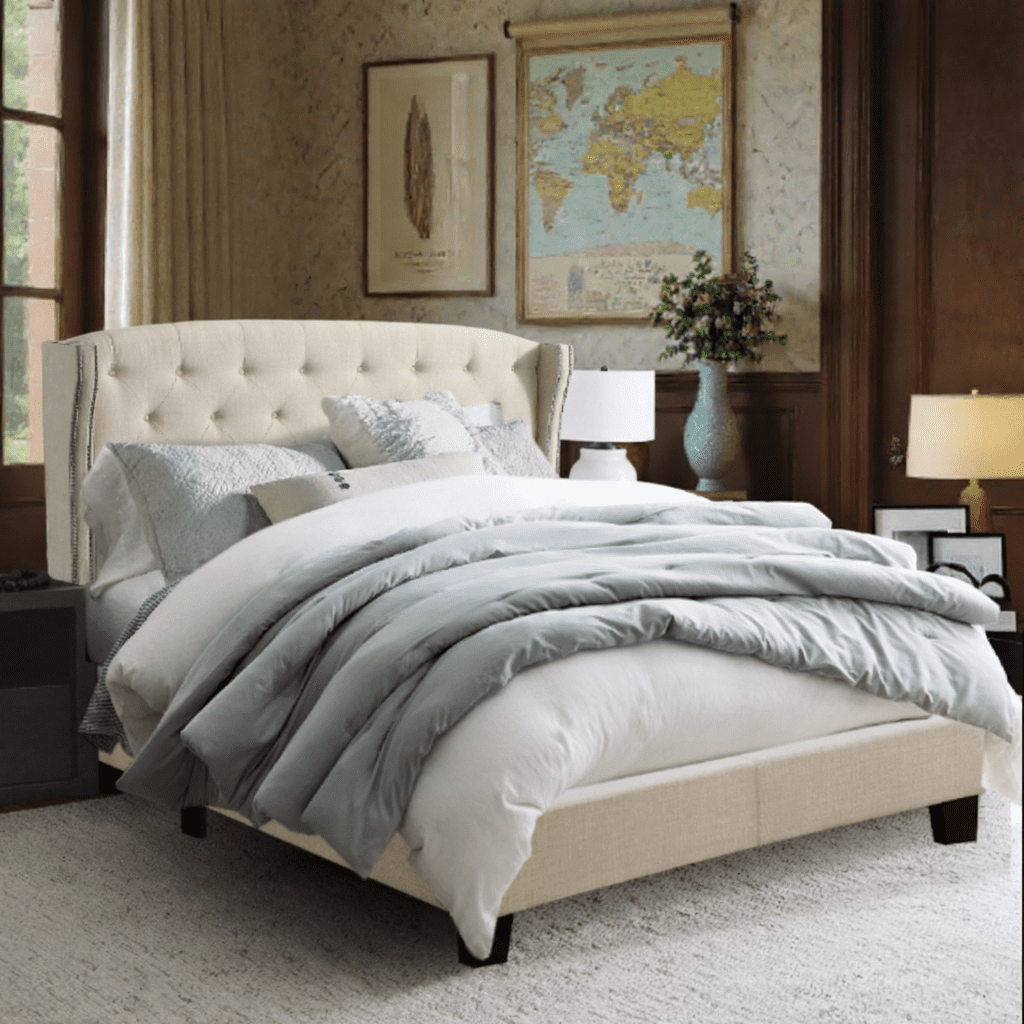 BSHTI Modern Full Size Platform Bed Frame with Upholstered Headboard and wood slats support for Livingroom
