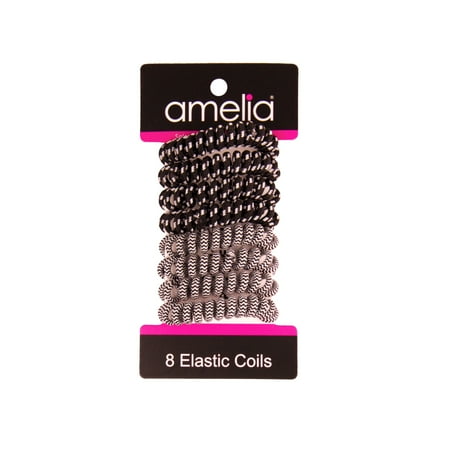 Amelia Beauty 8 Small Fabric Wrapped Elastic Hair Coils 1.75in Diameter Spiral Hair Ties Gentle on Hair Strong Hold and Minimizes Dents and Creases Black/White Stripe Mix