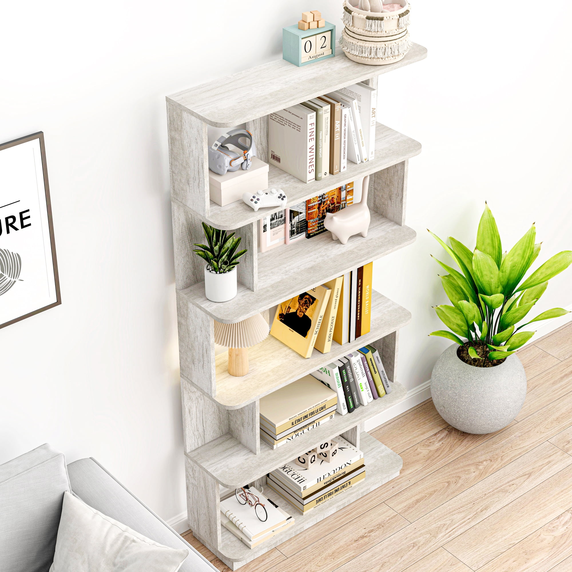 Leumius 5 Tier Open Storage Bookcase,Free Combination Bookshelf,Wood Display Shelving for Living Room Home Office Bedroom Decor Organizer,31.5" L x 64.56" H,Light Gray