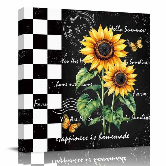 Canvas Print Wall Art Oil Paintings Sunflower Butterfly on Black White Buffalo Plaid Picture Prints Artwork for Living Room Kitchen Bathroom Bedroom,Stretched and Framed Ready to Hang,Retro Floral