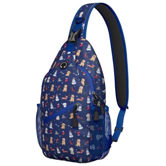 Sling Backpack,Dark Blue Christmas Dog and Snowman Pattern Sling Bag with Water Bottle Holder,Waterproof Sling Bag for Men/Women with Headphone Jack for Hiking,Travel