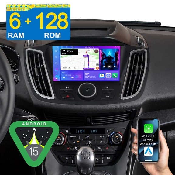 8-Core Android 15 Radio 6 128GB Car Stereo for Ford Kuga 2012-2018 Ford Escape 2013-2019 Ford C-Max 2011-2019, Support Apple CarPlay/GPS Navi/Wi-Fi/BT 5.4/DSP