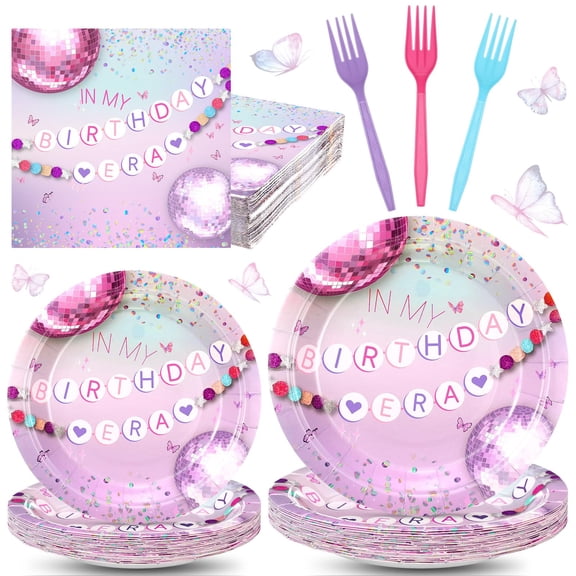 Baderke In My Birthday Era Party Tableware Set, 96 Pcs Disposable Paper Plates, Napkin, Fork, Music and Friendship Themed Party Supplies for Girls Women Birthday Decorations(Pastel Rainbow) C113