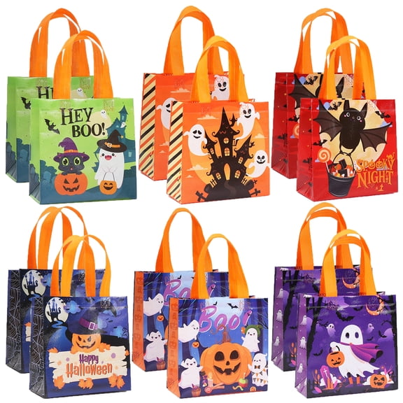 12PCS Halloween Non-Woven Bags with Handle, Small Reusable Halloween Trick or Treat Tote Bags for Party Favors Supplies,7.87*7.87*3.54