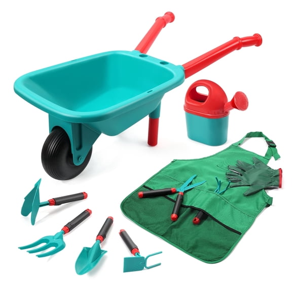 CUTE STONE Kids Gardening Tool Set, Outdoor Garden Toy with Wheelbarrow & Watering Can, Apron, Gloves, Yard Play Gift for Boys & Girls