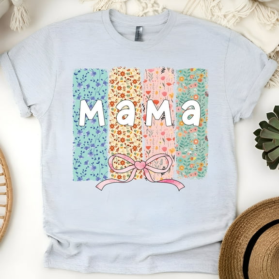 Mama T-Shirt for Women | Pastel Floral Gift for Mom | Cute Mother's Day Tee, Ash, Size S