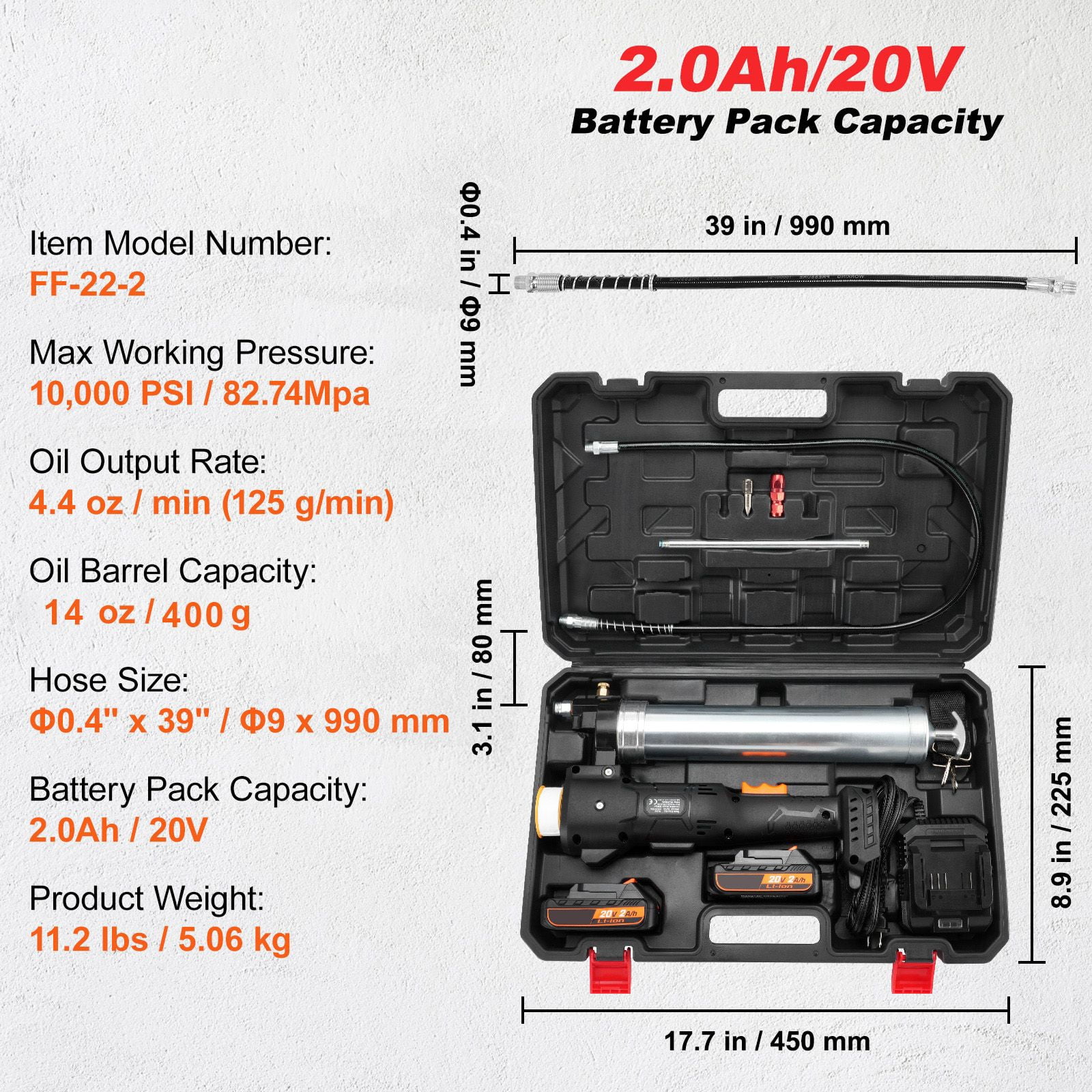 20V Cordless Grease Gun Kit with 10,000 PSI, 39-Inch Hose, 2 Batteries, Charger&Case - Professional High-Pressure Battery-Powered Lubrication Tool
