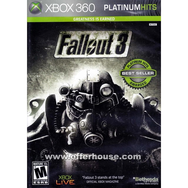 fallout 3 - xbox 360 bethesda xbox 360 portada del juego Platinum Hits con casco de armadura T-51b en primer plano, fondo gris texturizado, sello circular verde "Best Seller" y logo Bethesda; cuenta con perspectiva de 1ª o 3ª persona según ficha.