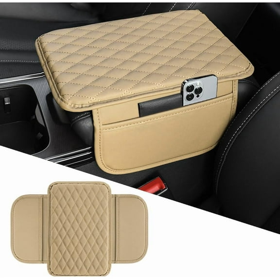 Car Center Console Armrest Cover, Leather Car Center Console Cover Cushion with 2 Storage Bags, Universal Center Console Pad Car Armrest Lids Storage Box Auto Interior Accessories