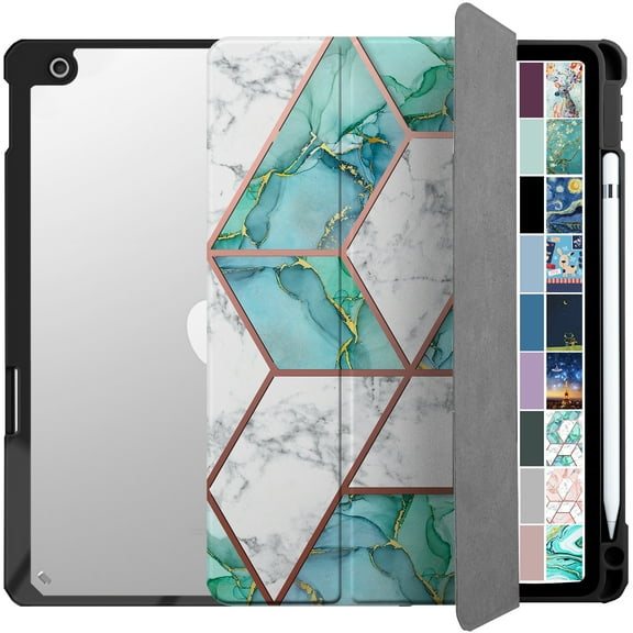 iPad 7th 8th 9th Gen 2019 / 2020 / 2021-10.2 Inch [iPad 9 8 7 ] A2602 A2270 A2197 MW762LL/A MW742LL/A MYLC2LL/A MYL92LL/A MYLA2LL/A Pencil Holder Soft Corner with PC Back Cover - Green Marble