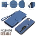 thumbnail image 3 of Case For Apple iPhone 17e / iPhone 16e 6.1 inch,RFID Blocking，Split PU Leather Detachable 2 In 1 Flip Folio Wallet With Multi-Card Slots,Wristband，Kickstand Magnetic Protective Cover,Blue, 3 of 9