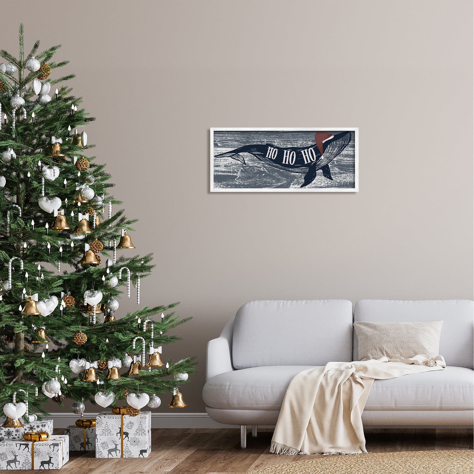 Stupell Industries Ho Ho Ho Christmas Santa Whale Holiday Painting White Framed Art Print Wall Art