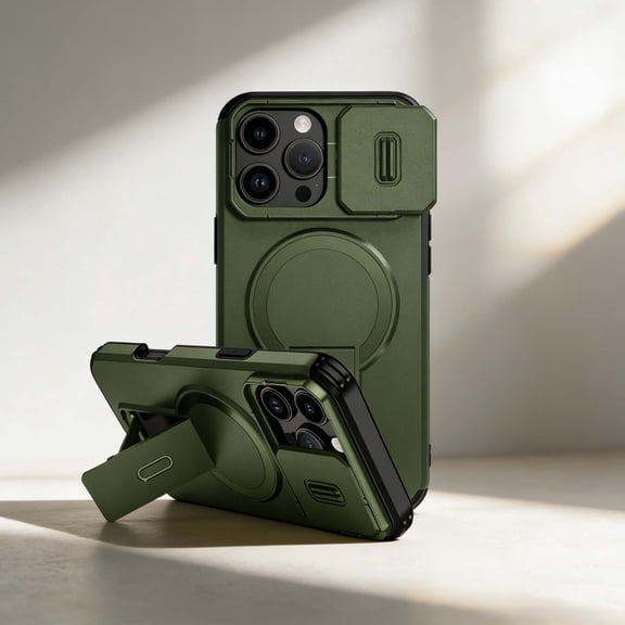 For iPhone 17e/16e Phone Case,Compatible With Mag-Safe,With Contractile Kickstand,Camera Cover,Heavy Duty Shokcproof Anti-fall Drop Protection,Non-slip Rugged Phone Case Cover,Green