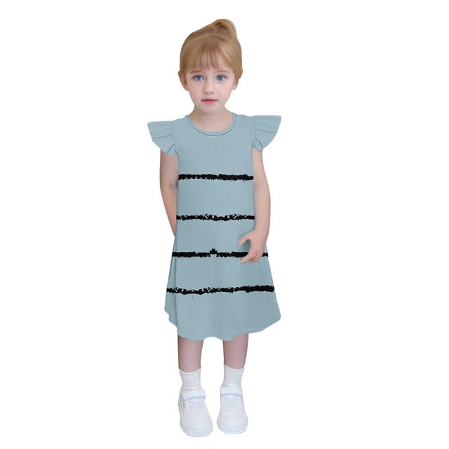 Robes d'Été 2025 pour Filles, Nouvelle Robe d'Été à Manches à Volants pour Enfants 4-14 Ans Style B-19 Bleu