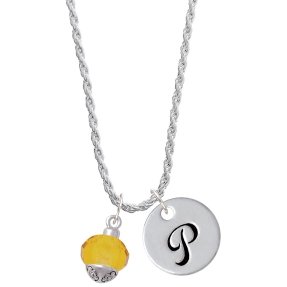 Delight Jewelry 12mm Faceted Yellow Glass Spinner Silvertone Script Initial Disc - P - Charm Necklace, 20"+3"