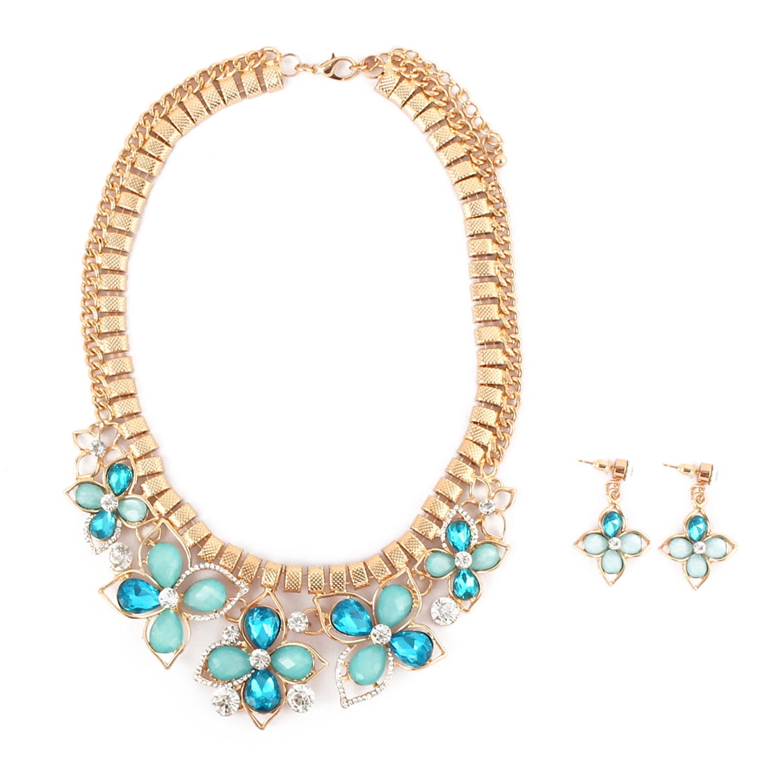 Women Metal Flower Pendant Bib Collar Charming Choker Necklace Earrings Blue Set by Unique-Bargains