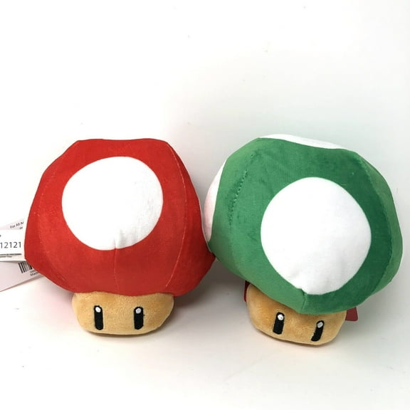 Set Of 2 Super Mario - Super Mushroom & 1 up Mushroom Nintendo Soft Plush Toy 6 inch