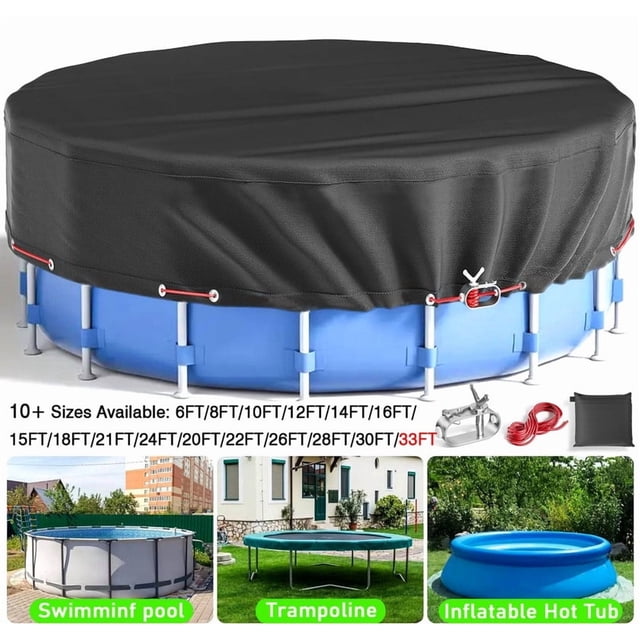 SHELTUSE Cubierta Redonda para Piscina de 33 Pies Cubierta Solar para Piscina Redonda Oxford sobre el Suelo con Cuerda de Acero para Piscinas Elevadas, Cubierta para Piscina sobre el Suelo, Cubierta para Piscina de Invierno, Negro