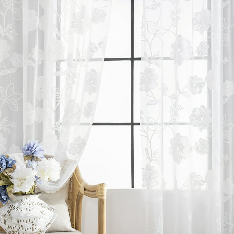Exultantex White Fl Sheer Curtains Vintage Rose And Leaf Lace Window Curtain Panel With Decorative Scalloped Edge For Bedroom 54 Wx84 L 2pcs Rod Pocket Com