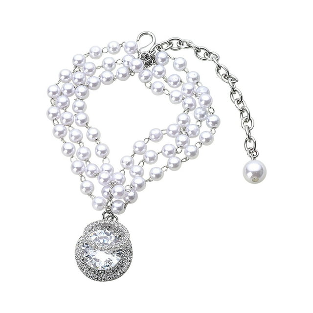 Pearl Chain Dog Collar - Zirconia Pendant, Chew-Proof - Thick, Lightweight, S/M/L - For Medium/Large Dogs, Luxury Style