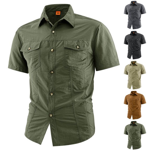 Short Sleeve Button Down Fishing Shirt for Men Regular Fit Nylon Work Shirt with Flap Pocket Work Utility Top for Men Size M-5XL Army Green
