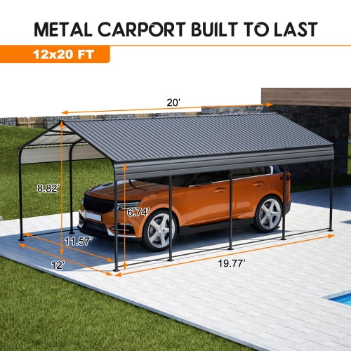 Thanaddo 12x20 ft Heavy Duty Galvanized Metal Carport for Vehicles, Waterproof UV Resistant, Black