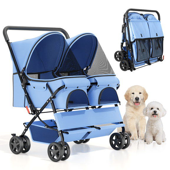 MoniBloom 2-in-1 Pet Stroller for 2 Small Medium Dogs Cats, Quick One Hand Fold, 44lbs Capacity, 4-Wheels with Brakes, Storage Baskets, Adj Canopy