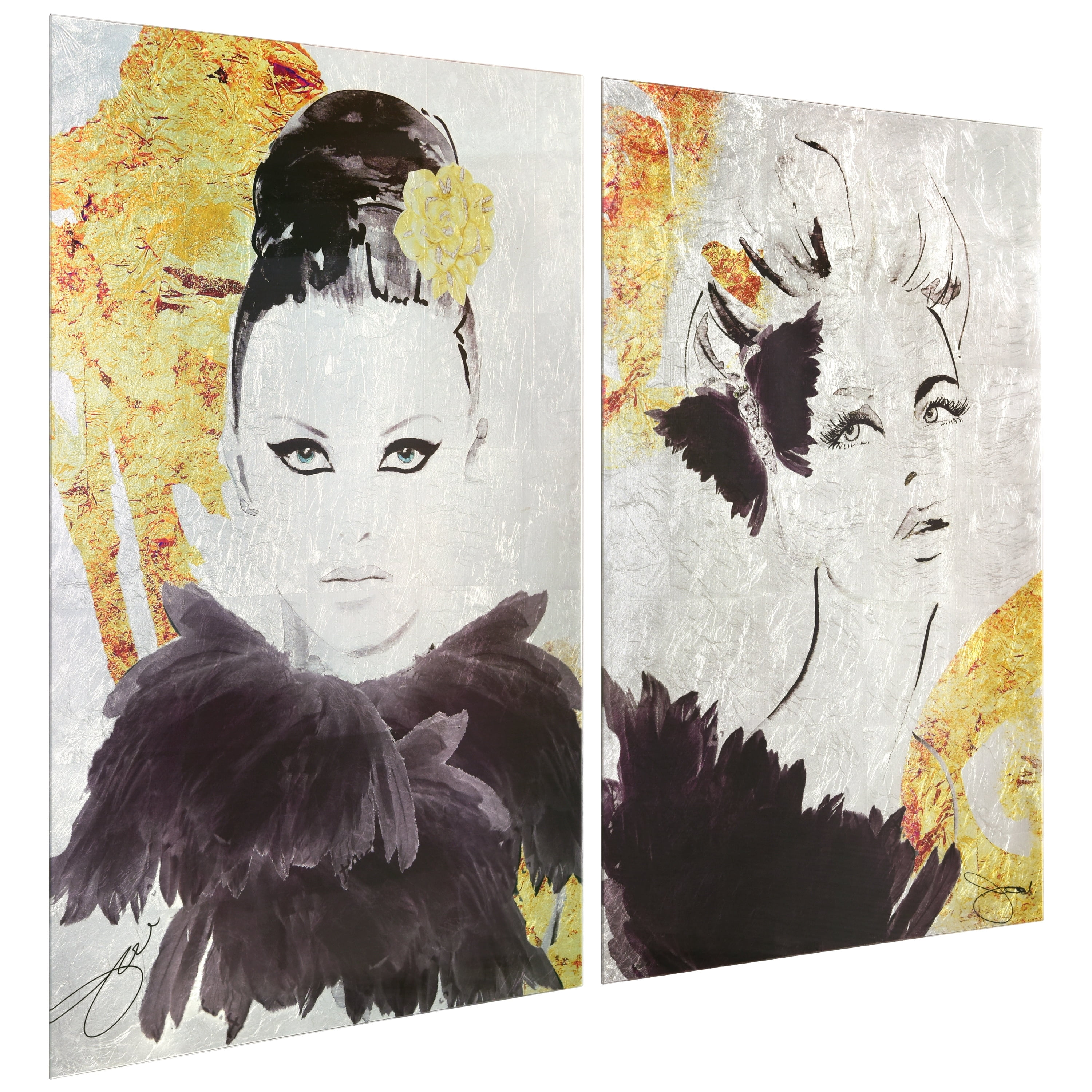 Gold Woman 1 & 2 Reverse Printed Tempered Glass Wall Art with Silver Leaf