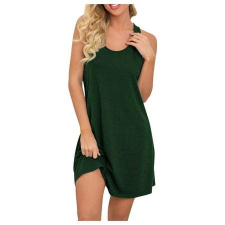 

Wocleiliy Women s Summer Solid Color Round Neck Nightdress Sleeveless Dress