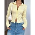 thumbnail image 5 of Women'S Striped Button Down Crop Shirt Long Sleeve Fitted Blouse Work Shirt Top Light Yellow L, 5 of 7