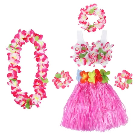 

NICEXMAS 6Pcs Hawaii Tropical Hula Grass Dance Skirt Kids Flower Leis Bracelets Headband Necklace Bra Set 40cm Pink Skirt
