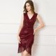 thumbnail image 1 of Vestido de mujer de moda rojo vino sin mangas con escote en V profundo, falda sexy con lentejuelas y borlas con dobladillo irregular, 1 of 6