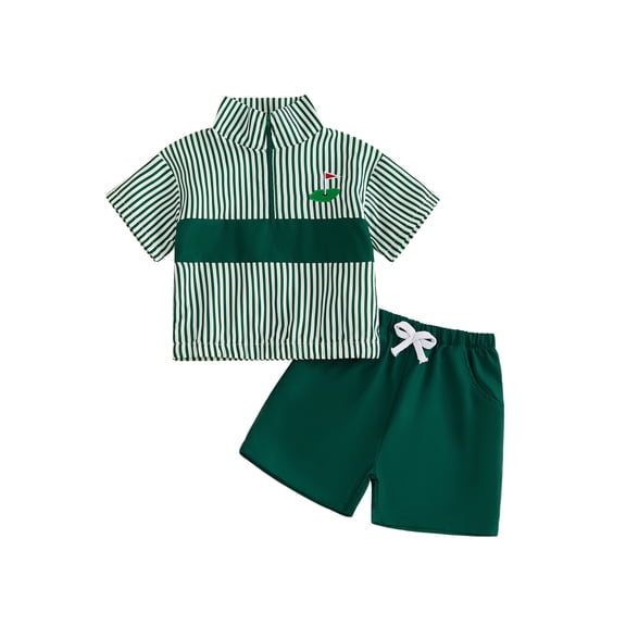 BemeyourBBs Toddler Baby Boy Summer Clothes Infant Baby Boys Golf Outfit Short Sleeve Lapel Collar Golf Themed Embroidery Half Zipper Striped Shirt Tops and Pockets Shorts 2Pcs Set