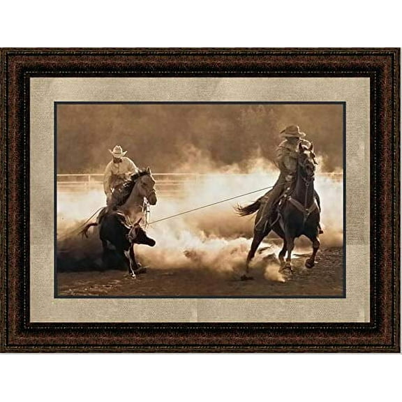 Roping on The Ranch | Framed Western Horse Art in Double Mat | 21L X 25W" Inches