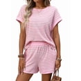 thumbnail image 3 of Women'S Summer 2 Piece Sets Striped Short Sleeve T Shirts and Shorts Loungewear Matching Set Pink XL, 3 of 9