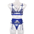 thumbnail image 3 of Conjunto de ropa interior de encaje floral de 3 piezas para mujer, sujetador sexy, bragas, liguero, azul, L AweSitey XX000052-24, 3 of 7