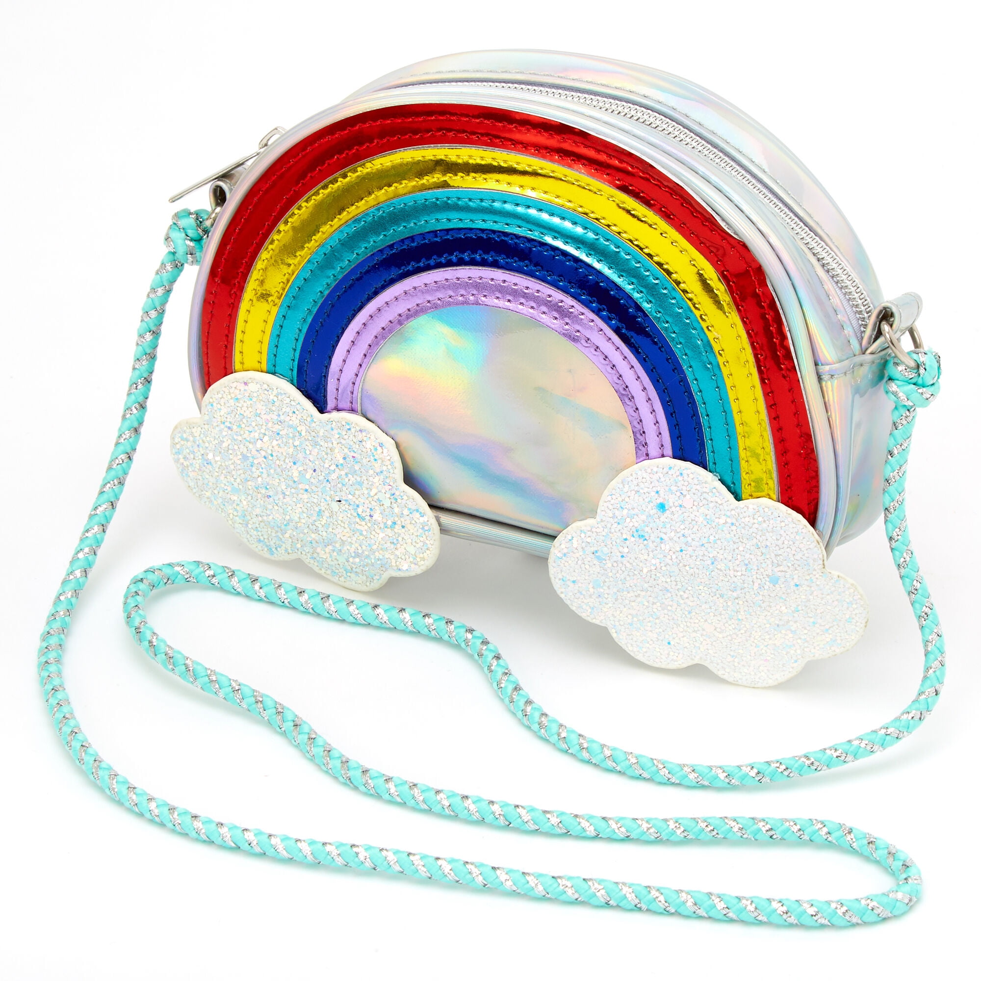 Claire s Club Holographic Rainbow Clouds Crossbody Bag Zipper Closure With Glitter Clouds Shoulder Strap Silver One Size