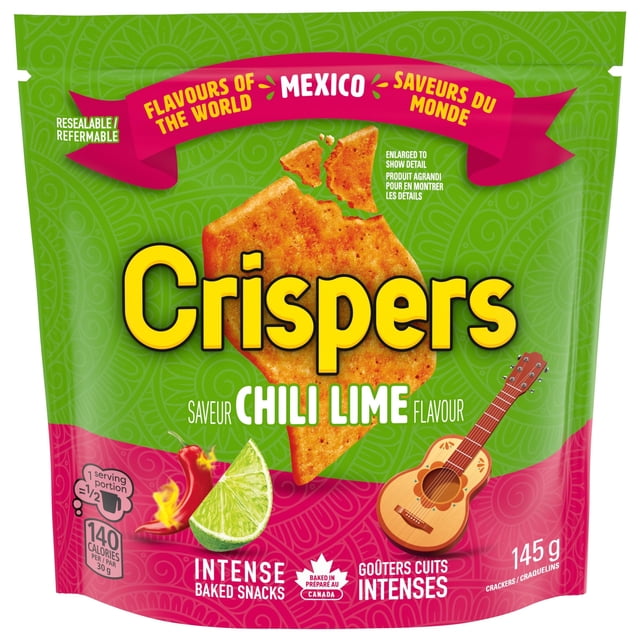 CRISPERS, craquelins à saveur de chili lime, collations salées, préparé au Canada