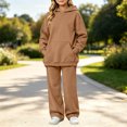 thumbnail image 2 of Kids Solid Fleece Hoodie 2 Piece Outfit Long Sleeve Hooded Top & Wide Leg Pants Set Warm Casual Tracksuit for 5-14 Years Old Boys Girls Outdoor Daily Wear Brown, 2 of 6