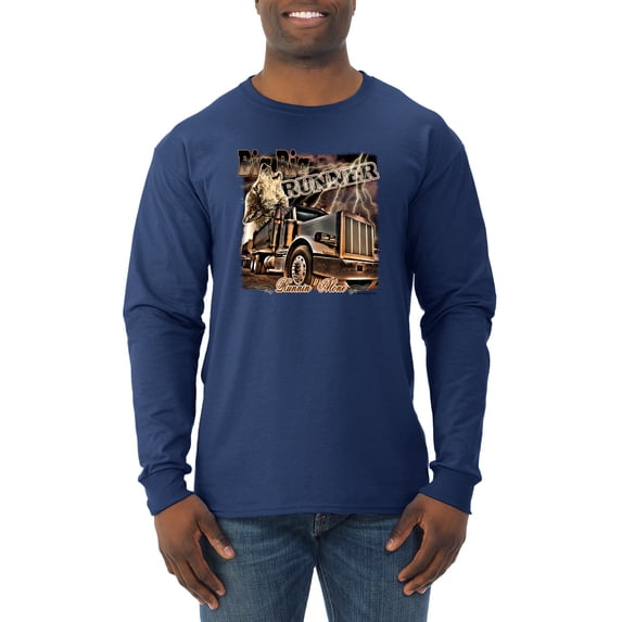 Wild Bobby, Big Rig Runner Trailer Truck Runnin Alone, Cars and Trucks, Men Long Sleeve Shirt, Navy, X-Large