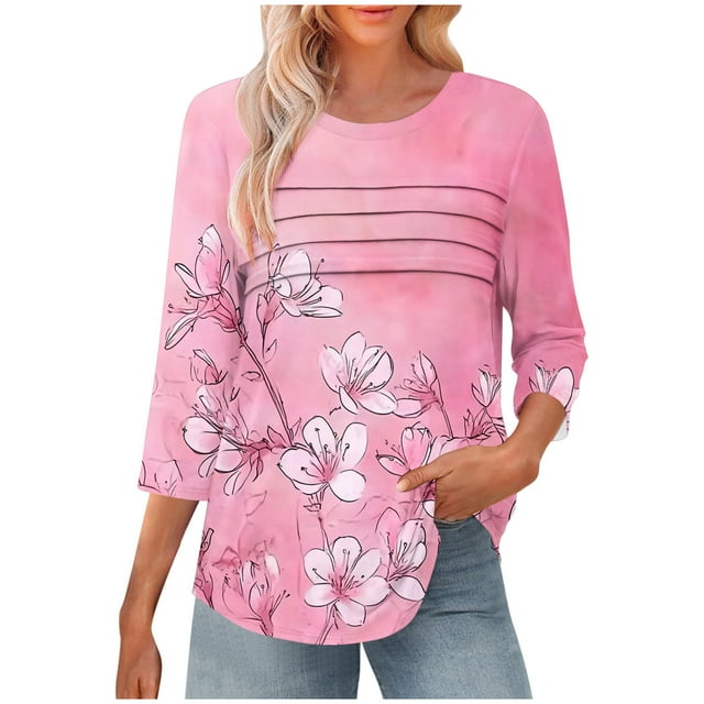 hopeusnice Blouses à Col Rond à Imprimé Floral pour Femmes Chic Décontracté Chemises Mode d'Automne Tuniques Hauts Hauts de Printemps Coupe Ample Manches 3/4 T-Shirts Légers Basiques Rose TG