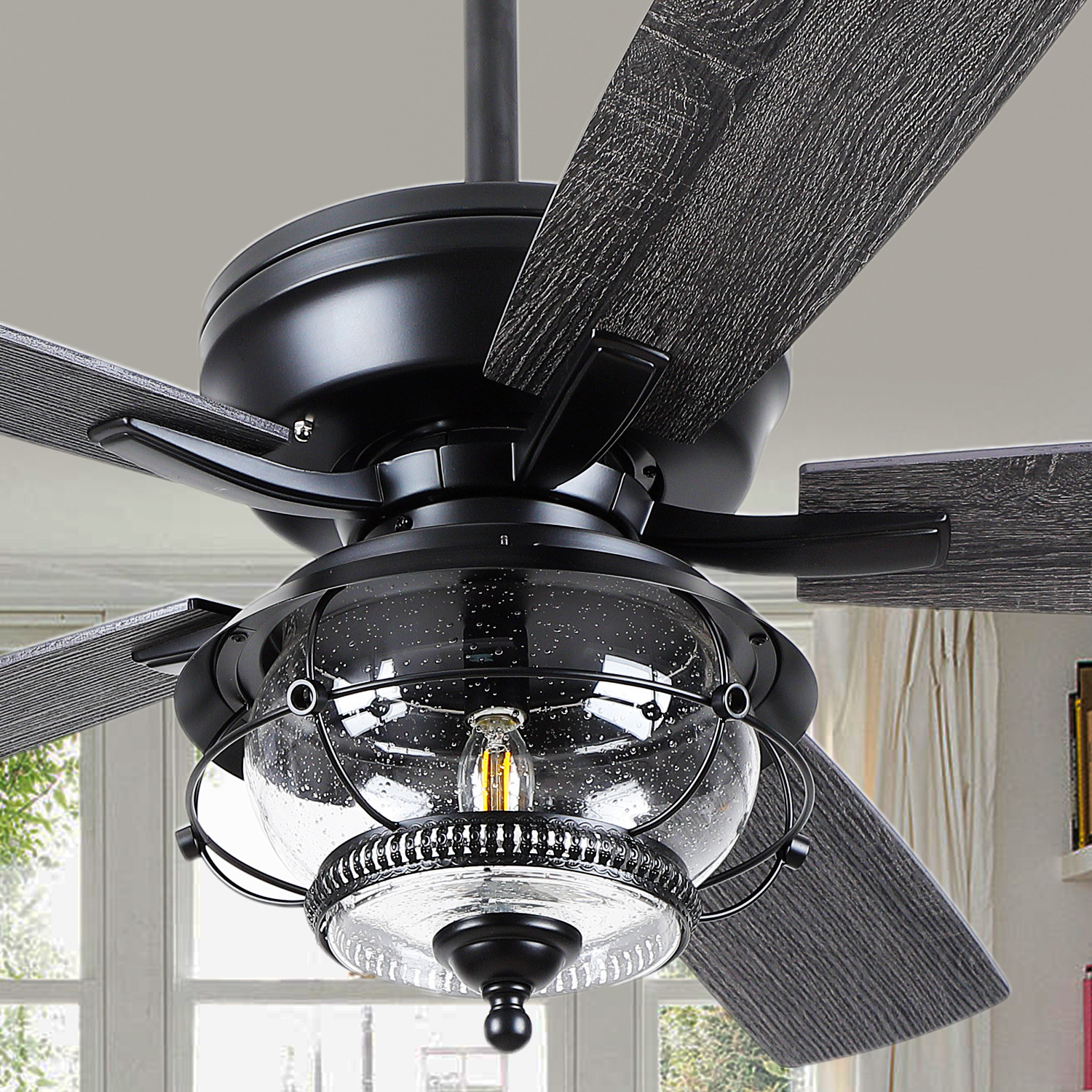 YIOSI 52-Inch Outdoor Ceiling Fan with Light and Remote, Black Modern, LED E26 Bulb